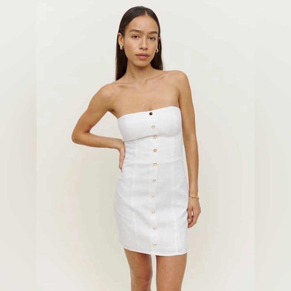 REFORMATION Shiela Linen Dress White Strapless Sheath Mini Gold Button Sz 8 NEW - Picture 4 of 10